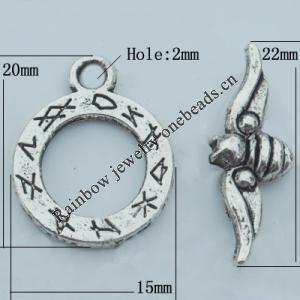Clasp Zinc Alloy Jewelry Findings Lead-free, Loop:15x20mm,Bar:22x9mm, Hole:2mm, Sold by Bag