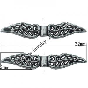 Bead Zinc Alloy Jewelry Findings Lead-free, Wing 32x5mm, Hole:1mm, Sold by KG