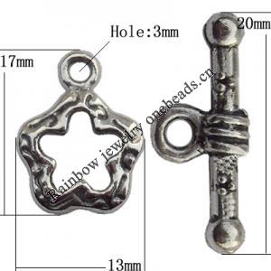 Clasp Zinc Alloy Jewelry Findings Lead-free, Loop:13x17mm, Bar:20x4mm Hole:3mm, Sold by Bag