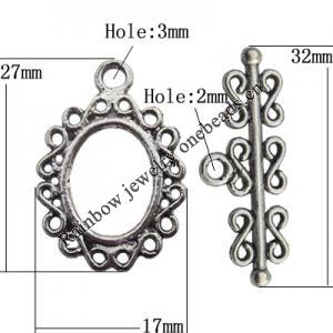 Clasp Zinc Alloy Jewelry Findings Lead-free, Loop:19x27mm, Bar:32x8mm Big Hole:3mm Small Hole:2mm, Sold by Bag