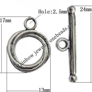 Clasp Zinc Alloy Jewelry Findings Lead-free, Loop:13x17mm, Bar:24x7mm Hole:2.5mm, Sold by Bag