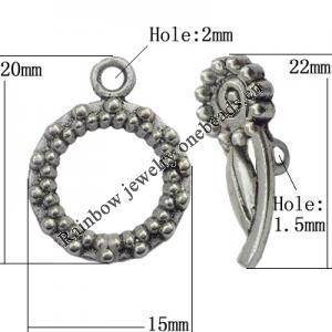 Clasp Zinc Alloy Jewelry Findings Lead-free, Loop:15x20mm, Bar:22x9mm Big Hole:2mm Small Hole:1.5mm, Sold by Bag