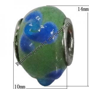 Handmade European Style Lampwork Beads With Platinum Color Copper Core, About 10x15mm Hole:5mm, Sold by PC