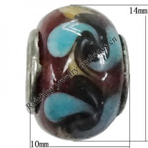 Handmade European Style Lampwork Beads With Platinum Color Copper Core, 10x15mm Hole:5mm, Sold by PC