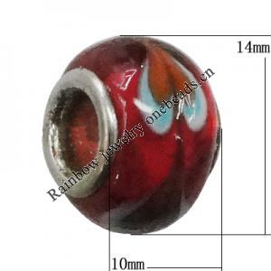 Handmade European Style Lampwork Beads With Platinum Color Copper Core, 10x15mm Hole:5mm, Sold by PC