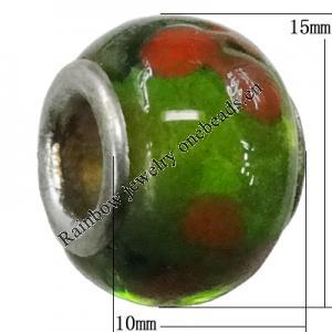 Handmade European Style Lampwork Beads With Platinum Color Copper Core, 10x15mm Hole:5mm, Sold by PC