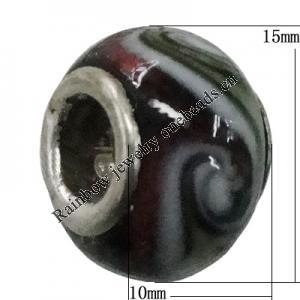 Handmade European Style Lampwork Beads With Platinum Color Copper Core, 10x15mm Hole:5mm, Sold by PC