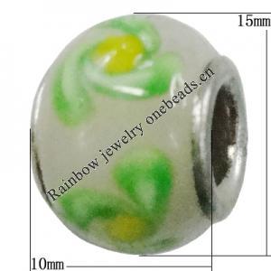 Handmade European Style Lampwork Beads With Platinum Color Copper Core, 10x15mm Hole:5mm, Sold by PC