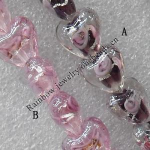 Plate Colorized Silver Foil Lampwork Beads, Heart 12mm Hole: About 1.5mm, Sold by PC 