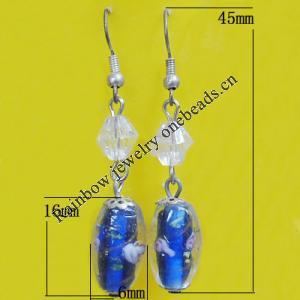 Lampwork Earring, About:16x6mm Length:45mm, Sold by Pair