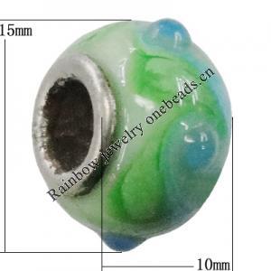 Handmade European Style Lampwork Beads With Platinum Color Copper Core, About 10x15mm Hole:5mm, Sold by PC