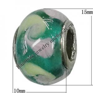 Handmade European Style Lampwork Beads With Platinum Color Copper Core, 10x15mm Hole:5mm, Sold by PC