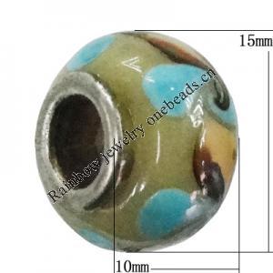 Handmade European Style Lampwork Beads With Platinum Color Copper Core, 10x15mm Hole:5mm, Sold by PC