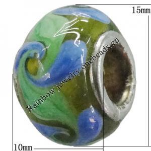 Handmade European Style Lampwork Beads With Platinum Color Copper Core, 15x10mm Hole:5mm, Sold by PC