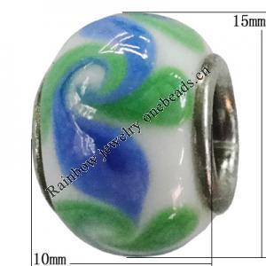 Handmade European Style Lampwork Beads With Platinum Color Copper Core, 15x10mm Hole:5mm, Sold by PC