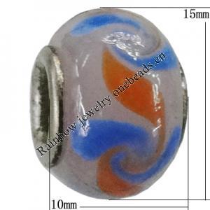 Handmade European Style Lampwork Beads With Platinum Color Copper Core, 15x10mm Hole:5mm, Sold by PC