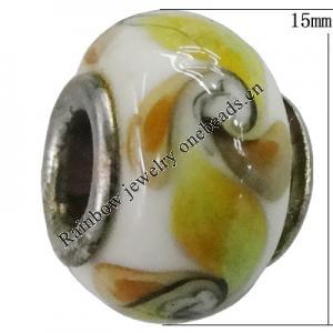 Handmade European Style Lampwork Beads With Platinum Color Copper Core, 15x10mm Hole:5mm, Sold by PC