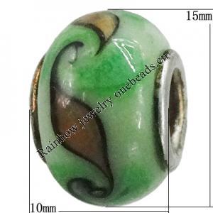 Handmade European Style Lampwork Beads With Platinum Color Copper Core, 15x10mm Hole:5mm, Sold by PC