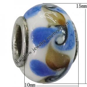 Handmade European Style Lampwork Beads With Platinum Color Copper Core, 15x10mm Hole:5mm, Sold by PC