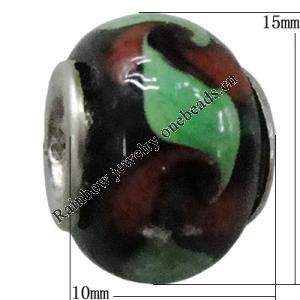 Handmade European Style Lampwork Beads With Platinum Color Copper Core, 15x10mm Hole:5mm, Sold by PC