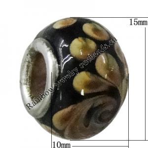 Handmade European Style Lampwork Beads With Platinum Color Copper Core, 15x10mm Hole:5mm, Sold by PC