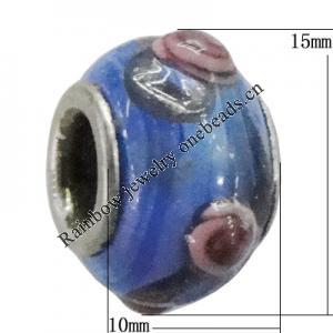 Handmade European Style Lampwork Beads With Platinum Color Copper Core, About 15x10mm Hole:5mm, Sold by PC