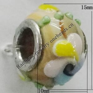 Handmade European Style Lampwork Beads With Platinum Color Copper Core, About 15x10mm Hole:5mm, Sold by PC