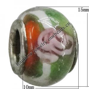 Handmade European Style Lampwork Beads With Platinum Color Copper Core, 15x10mm Hole:5mm, Sold by PC