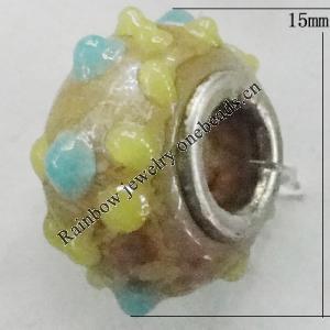 Handmade European Style Lampwork Beads With Platinum Color Copper Core, About 15x10mm Hole:5mm, Sold by PC