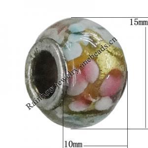 Handmade European Style Lampwork Beads With Platinum Color Copper Core, 15x10mm Hole:5mm, Sold by PC