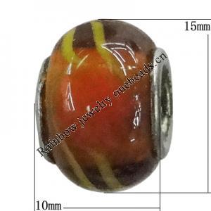 Handmade European Style Lampwork Beads With Platinum Color Copper Core, 15x10mm Hole:5mm, Sold by PC