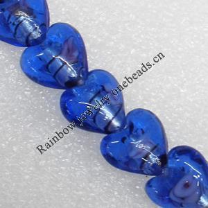 Silver Foil Lampwork Beads, Heart 15mm Hole: About 1.5mm, Sold by PC