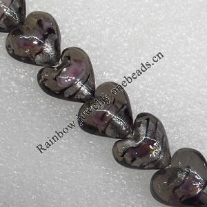 Silver Foil Lampwork Beads, Heart 15mm Hole: About 1.5mm, Sold by PC