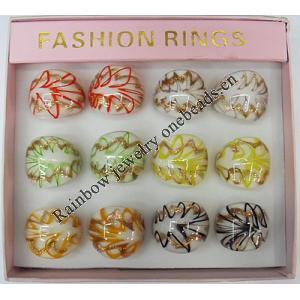 Gold Sand Lampwork Glass Rings,Mix Color, Box Size: 136x124x30mm, Sold by Box