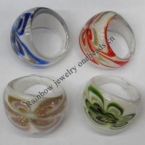 Gold Sand Lampwork Glass Rings, Mix Color, Sold by PC