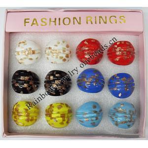 Gold Sand Lampwork Glass Rings,Mix Color, Box Size: 136x124x30mm, Sold by Box