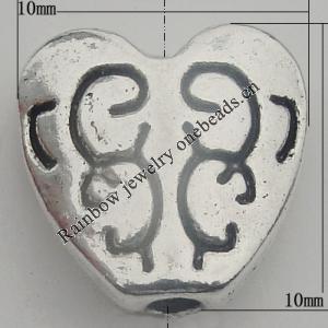 Bead Zinc Alloy Jewelry Findings Lead-free, Heart 10x10mm, Hole:1mm, Sold by Bag
