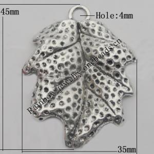 Pendant Zinc Alloy Jewelry Findings Lead-free, Leaf 45x35mm Hole:4mm, Sold by Bag