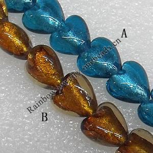 Silver Foil Lampwork Beads, Heart 15mm Hole: About 1.5mm, Sold by PC