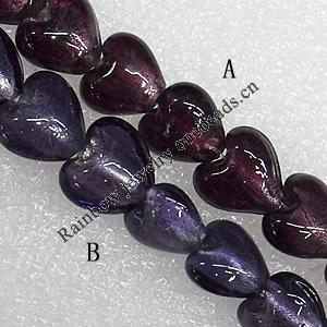 Silver Foil Lampwork Beads, Heart 12mm Hole: About 1.5mm, Sold by PC