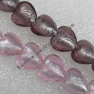 Silver Foil Lampwork Beads, Heart 15mm Hole: About 1.5mm, Sold by PC