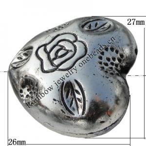 Jewelry findings, CCB plastic Beads Antique silver, Heart 26x27mm Hole:2mm, Sold by Bag