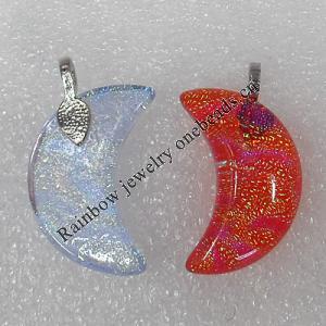Dichroic Lampwork Glass Pendant with Metal Alloy Head, Moon 30x40mm Hole:7x4mm Sold by PC