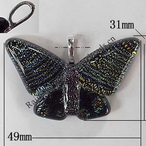 Dichroic Lampwork Glass Pendant with Metal Alloy Head, Butterfly, 49x31mm Hole:5x3.5mm Sold by PC