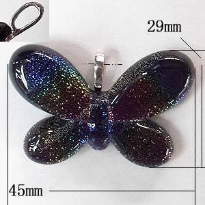 Dichroic Lampwork Glass Pendant with Metal Alloy Head, Butterfly, 45x29mm Hole:6x4.5mm Sold by PC