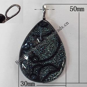Dichroic Lampwork Glass Pendant with Metal Alloy Head, Teardrop, 50x30mm Hole:6x3.5mm Sold by PC