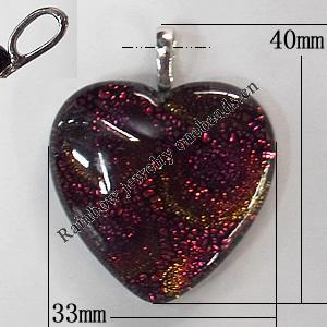Dichroic Lampwork Glass Pendant with Metal Alloy Head, Heart, 50x30mm Hole:6x3.5mm Sold by PC