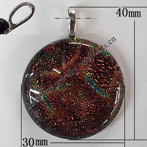 Dichroic Lampwork Glass Pendant with Metal Alloy Head, Flat Round, 40x30mm Hole:6x3.5mm Sold by PC