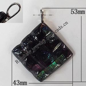 Dichroic Lampwork Glass Pendant, with Metal Alloy Head, Diamond, 53x43mm Hole:7x4mm Sold by PC