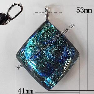 Dichroic Lampwork Glass Pendant with Metal Alloy Head, Diamond, 53x41mm Hole:6x4mm Sold by PC